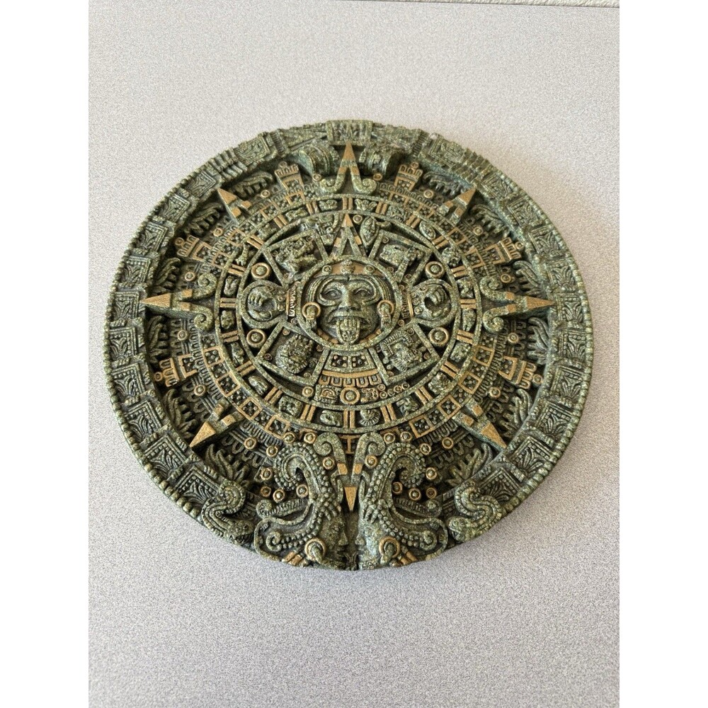 Vintage Original Zarebski Aztec Calendar Malachite Wall Plaque Mexico 14”
